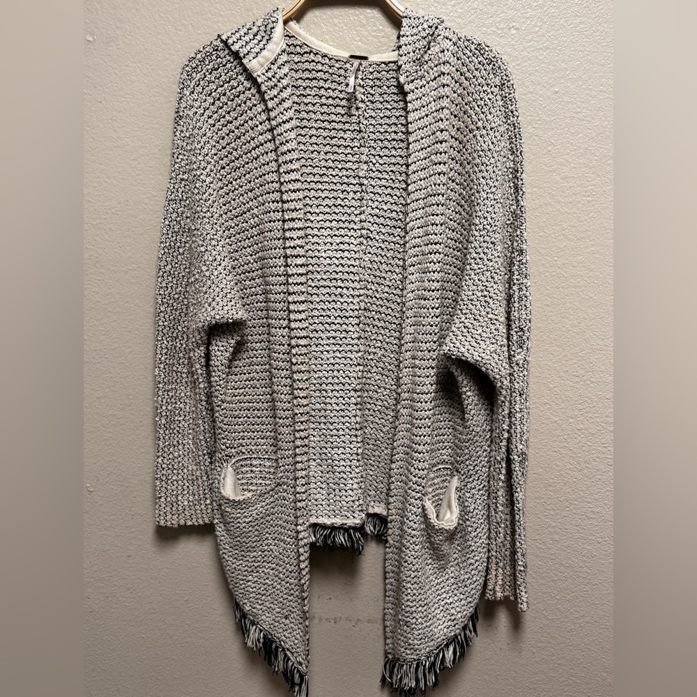 Free People Black and White Hooded Open-Front Fringe Knit Cardigan